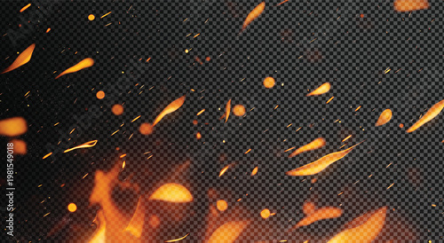 Glowing orange fire sparks and flames on transparent background, isolated abstract effect for design and editing