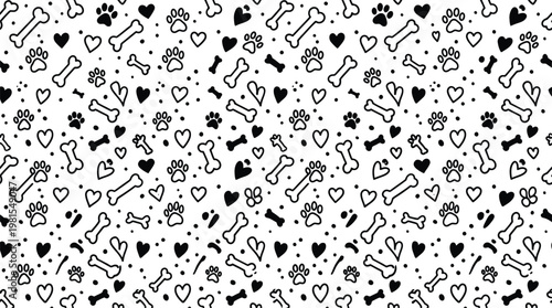 Black and white seamless pattern with dog bones hearts and paw prints on white background