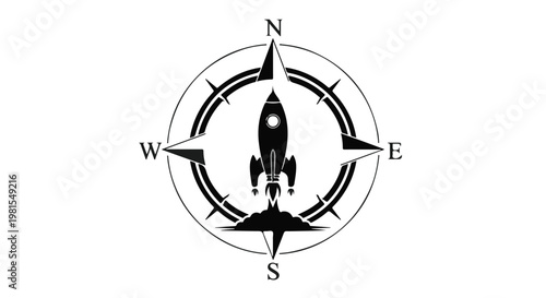 Rocket launching from the center of a compass rose symbolizes navigation and successful startup ventures.