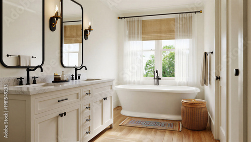 Foto Minimalist white bathroom with freestanding tub and marble vanity countertop bat