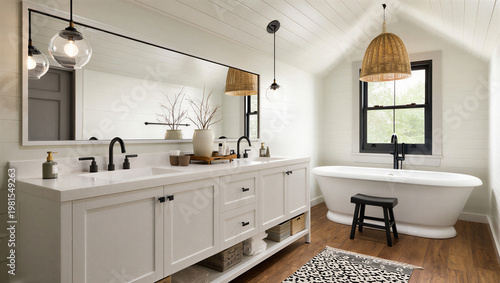 Cuadro en lienzo Bright bathroom featuring a freestanding tub and double vanity pendant light wic