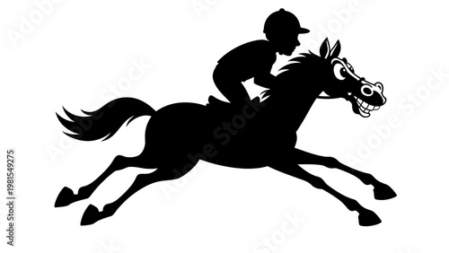 Silhouette of a jockey riding a galloping horse in a race.