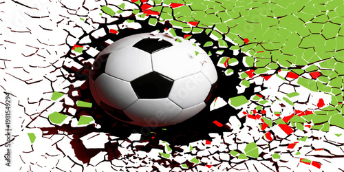 A 3d round soccer ball object with black and white leather sits on a green grass background, representing a professional football competition and sports equipment for a fun game activity