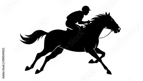 Dynamic silhouette of a jockey riding a racehorse at full gallop.