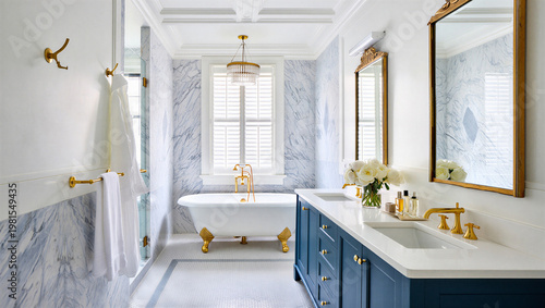 Obraz na płótnie Elegant marble master bathroom with blue vanity and clawfoot tub interior design