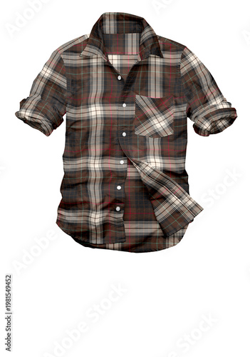 Casual Men's Brown and Charcoal Plaid Button-Down Shirt with Rolled Sleeves, Isolated on White