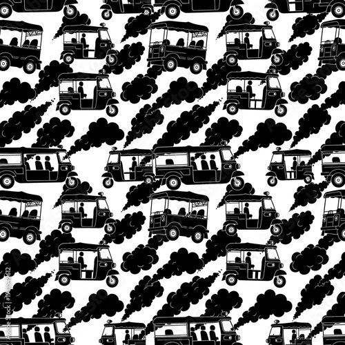 Seamless pattern of black and white tuktuks emitting smoke showcasing urban transportation and air pollution.