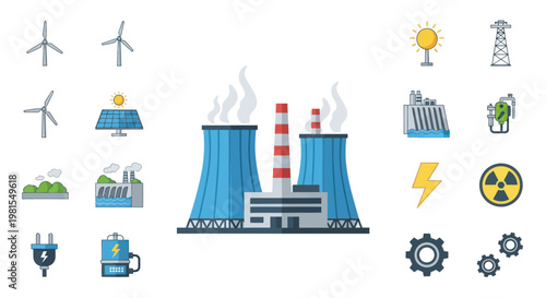 Renewable and Traditional Energy Sources Icons Set: Wind, Solar, Nuclear, Power Plant, Electricity