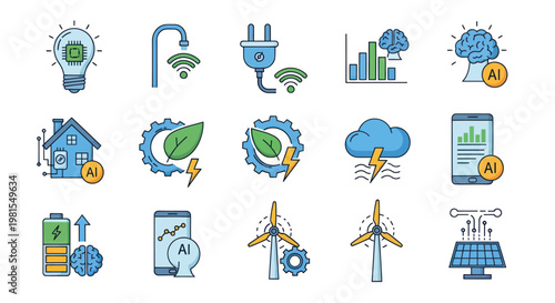 Smart City Icons: AI, Technology, Renewable Energy, and Smart Home Concepts