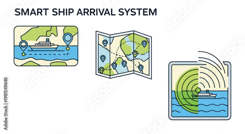 Smart Ship Arrival System Icons: Navigation, Tracking, and Communication