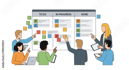 Agile team planning with Kanban board, sticky notes, and workflow visualization