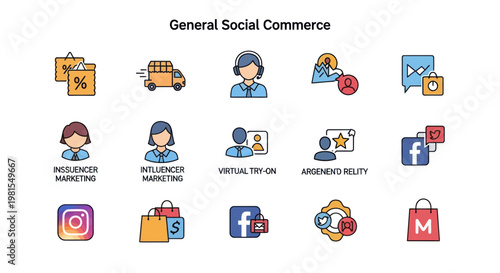 General Social Commerce Icons: Shopping, Delivery, Influencer, Virtual Try-On, AR