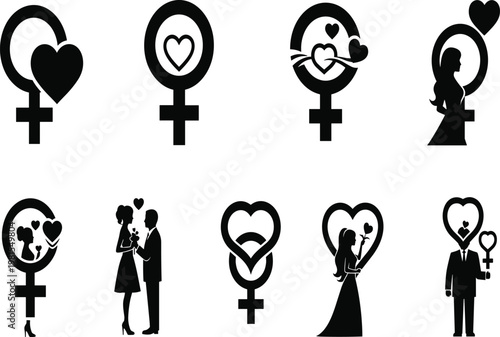 Female gender symbol silhouette vector illustration, romantic love icons, heart shapes, inclusive design, flat CAD drawing, stock art illustration