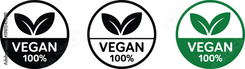 Vegan 100 percent labels set with leaves for natural food packaging and vegetarian product marketing