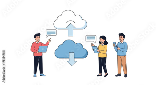 People interacting with cloud technology for data transfer and communication