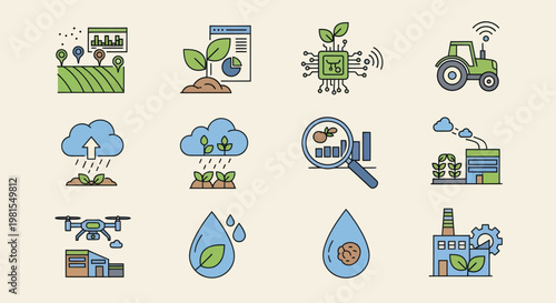 Smart Farming Technology Icons: Agriculture, Innovation, Precision Farming, IoT