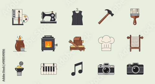Pixel Art Icons: Creative Tools, Crafts, Music, and Hobbies Collection