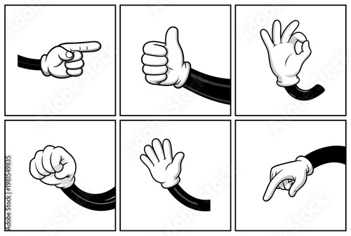 Cartoon hand gesture collection in vintage animation style. Comic gloved hands showing pointing, thumbs up, ok sign, fist, waving and gesture symbols for mascot and cartoon illustration design