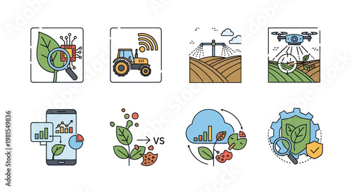 Smart Farming Technology Icons: Agriculture Innovation, Data, Drone, Tractor, Cloud