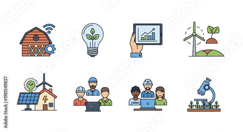 Smart Farming Technology Icons: Agriculture, Renewable Energy, Innovation, and Collaboration