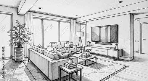 Elegant Living Room Interior Design Sketch with Modern Furniture.
