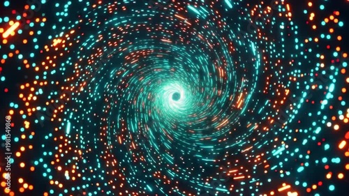 Swirling digital particles create a vibrant, futuristic tunnel effect in a dark space