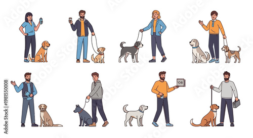 People walking dogs, diverse breeds and owners, pixel art style