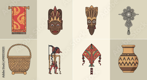 Traditional African Art and Craft Icons: Mask, Basket, Kite, Vase, Towel, Cross