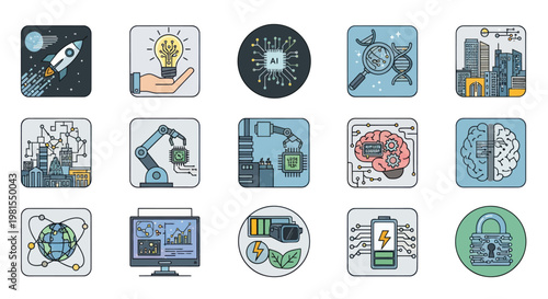 Technology Icons: Innovation, AI, Biotech, Robotics, Future City, Brain, Energy & Security