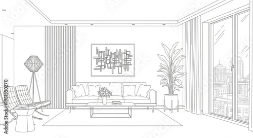 Elegant Living Room Interior Design Sketch with Sofa and Artwork.
