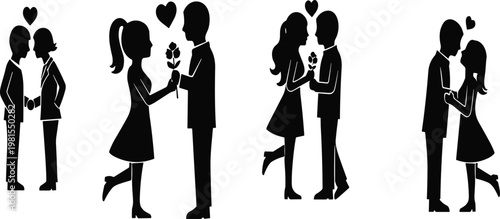 Romantic couples silhouette vector illustration, diverse love relationships, affectionate poses, kissing moments, flower gift exchange, flat CAD drawing, stock art design