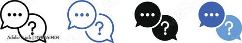 FAQ icon set. Paired speech bubbles with question mark and ellipsis sign. Answer symbol. Talk pictogram. Communication illustration. Support and help center sign for messaging and inquiry UI.