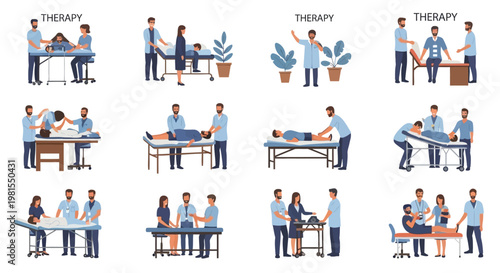 Physical therapy session with doctor and patient, rehabilitation, medical care, diverse scenes