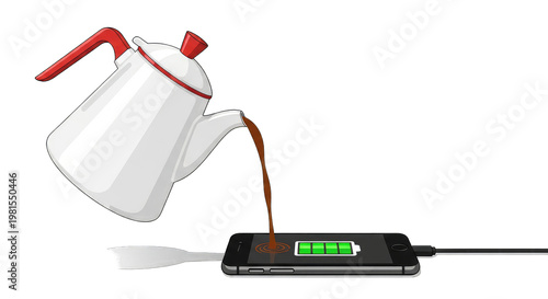 Coffee Pouring into Smartphone Charging Battery Icon, Energy Concept