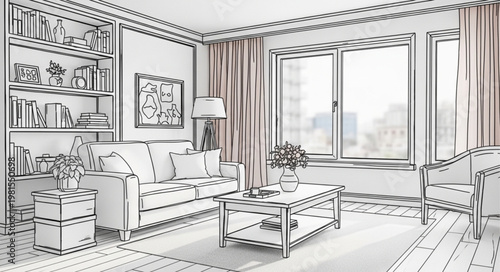 Elegant Living Room Interior Design with Cozy Sofa and Bookshelf.