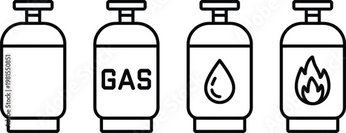 Set of four lpg cylinders and natural gas containers with various symbols and text, line and glyph icons
