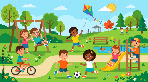 Children celebrate Lag BaOmer with kite flying in a sunny park