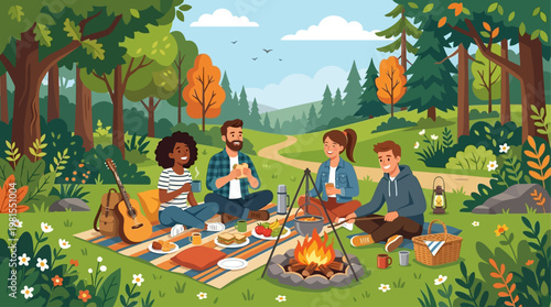 Friends Celebrate Lag BaOmer with Picnic in Forest on Sunny Day