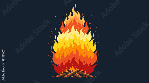 Bonfire burns brightly on Lag BaOmer night in a dark outdoor setting