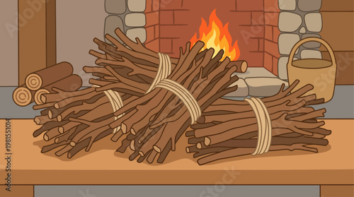 Lag BaOmer celebration with fire and bundled wood on a table indoors