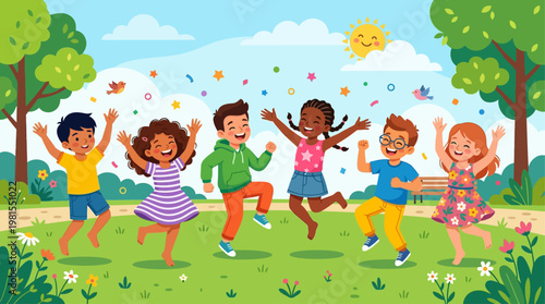 Children celebrate Lag BaOmer with joyful dance in a sunny park