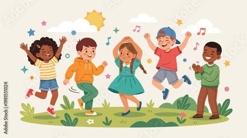 Children celebrate Lag BaOmer with joyful dancing outdoors in a lush green field