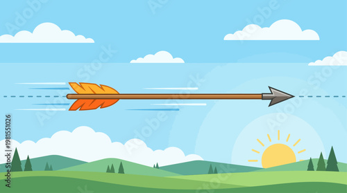 An arrow flies fast on Lag BaOmer sunny day over green hills