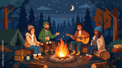 Friends celebrate Lag BaOmer with campfire and music in forest