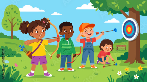 Children celebrating Lag BaOmer with friends at an outdoor archery event