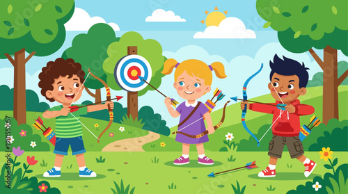 Kids celebrate Lag BaOmer with outdoor archery fun in a sunny park