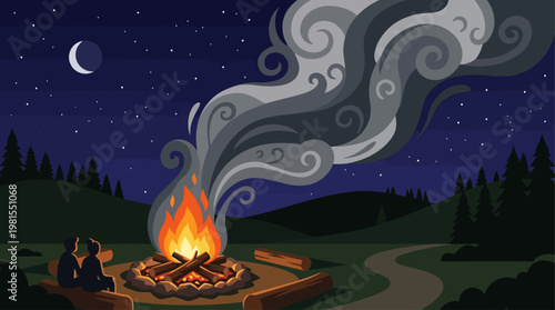 People gather around campfire on Lag BaOmer night in a forest clearing