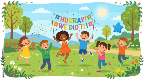 Children celebrate Lag BaOmer with joyful outdoor festivities and colorful decorations