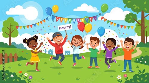 Children celebrate Lag BaOmer with joyful outdoor festivities in a green park