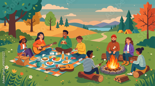 Friends celebrate Lag BaOmer with music and food outdoors in a park